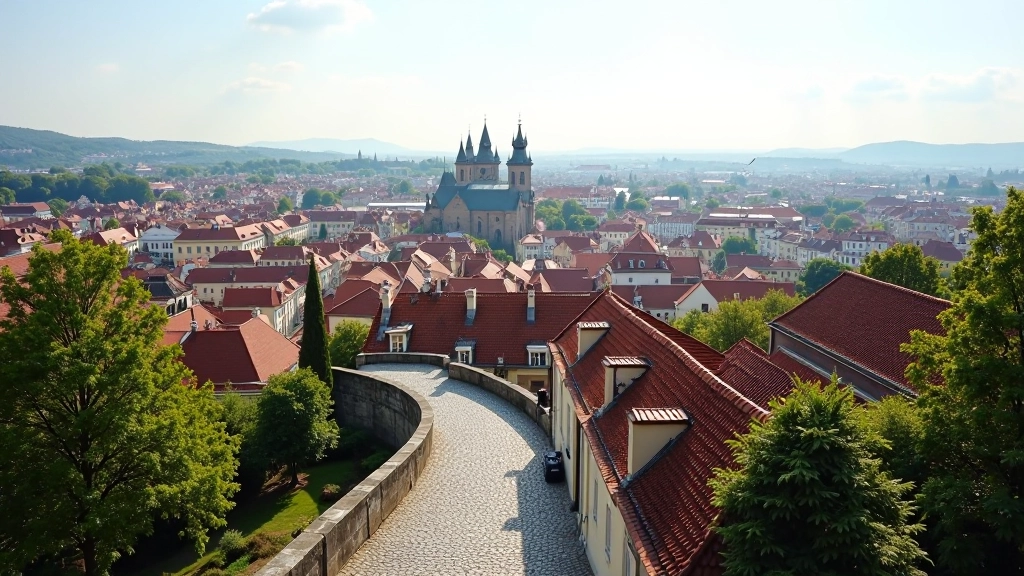 Historic observation platform overlooking Prague with red rooftops and church spires in afternoon light