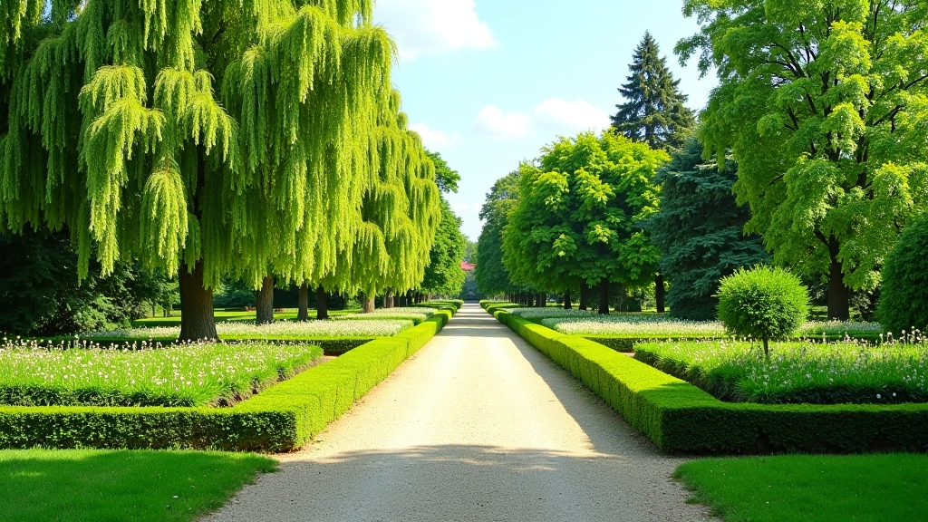 Wide view of Prague Botanical Garden showing manicured pathways between diverse plant collections with city skyline visible in background