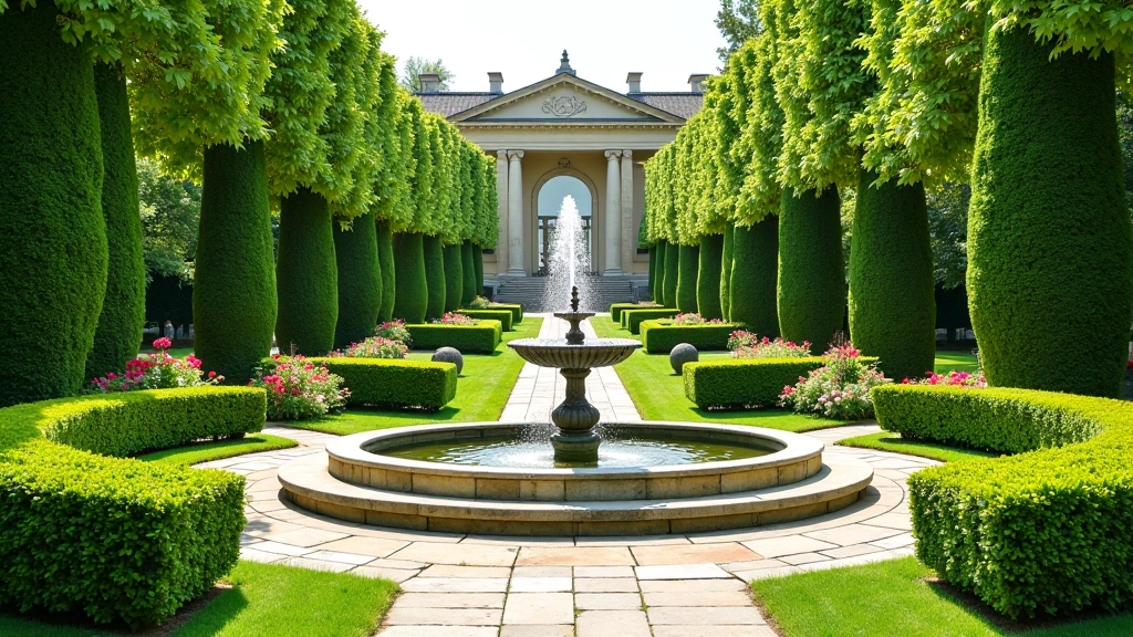 Ornamental garden with traditional stone fountains, flowering shrubs, and classical garden architecture in Moravia region