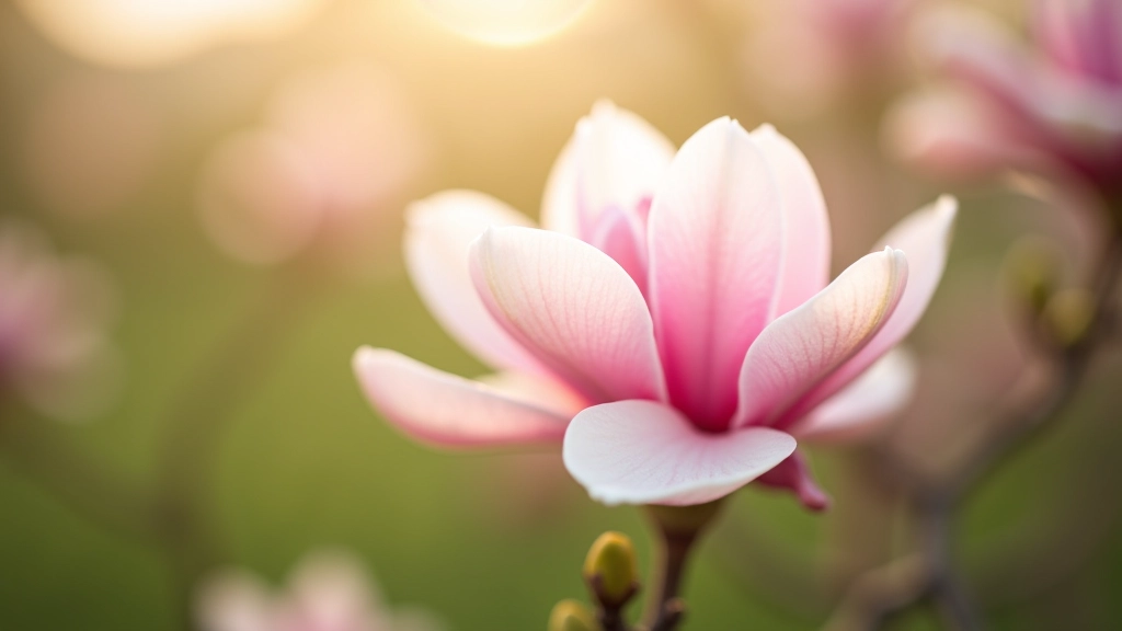 Close-up of flowering magnolia tree with pink blossoms in spring Czech botanical garden, soft natural light
