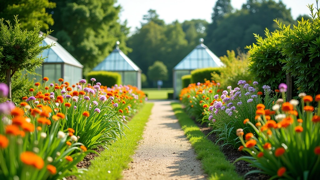 Colorful flowering plants and manicured garden beds in Czech botanical garden with greenhouse structures