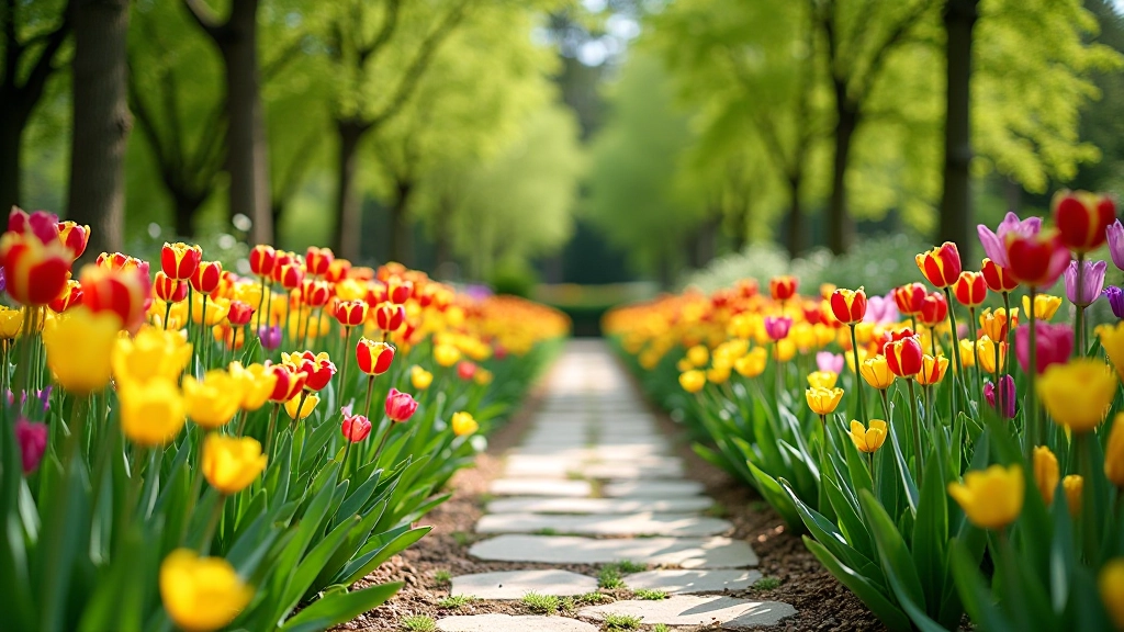 Colorful spring flowers blooming in a Czech botanical garden with stone pathways and manicured landscape