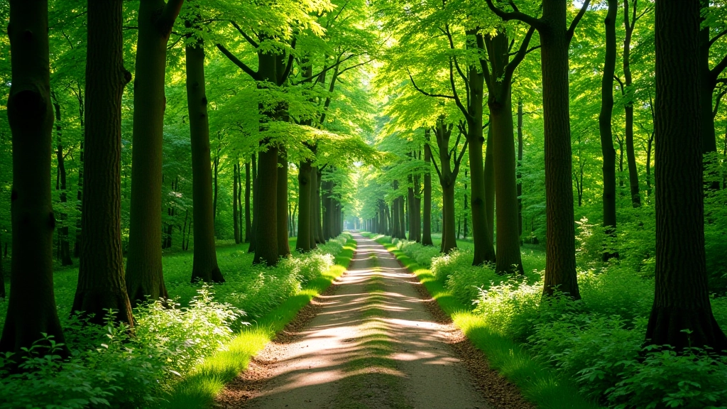 Forest path with tall trees creating canopy, peaceful woodland environment in Letná Park