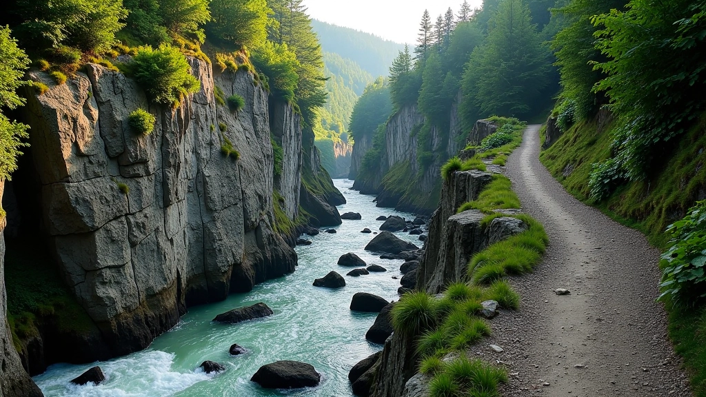 Dramatic rocky gorge of Podyjí National Park with winding river and hiking trail along the steep cliff edge