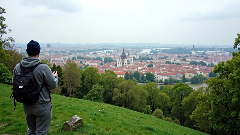 Elevated overlook with panoramic view of Prague cityscape from Letná Park, showing the Metronome and city below
