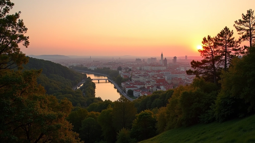 Elevated view from Letná Park overlook showing Prague cityscape and river below at sunset
