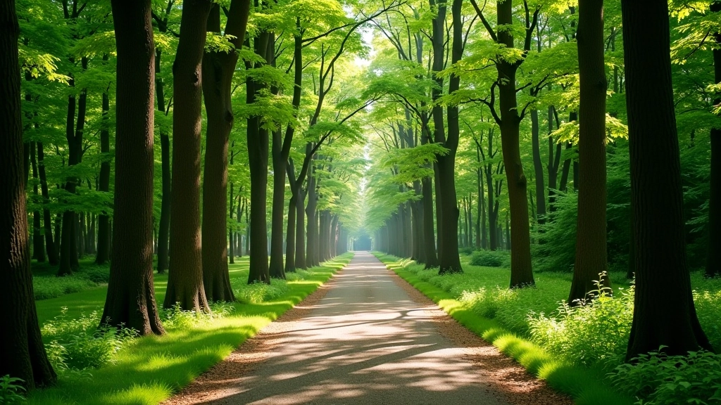 Peaceful forest path in Stromovka Park with tall trees creating natural canopy