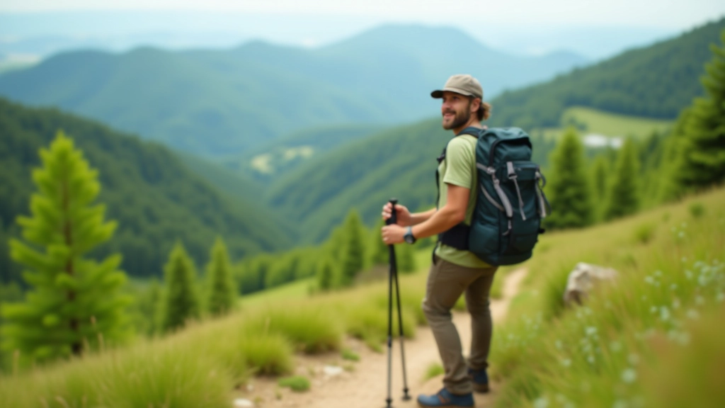 Hiker in proper gear standing on mountain trail with backpack and trekking poles overlooking vast green landscape below