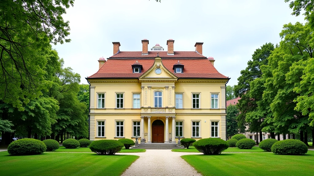 Historic Stromovka Park building with architectural details and green gardens