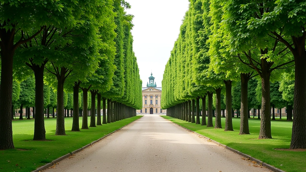 Historic Stromovka Park Prague with tree-lined paths and classical architecture in background