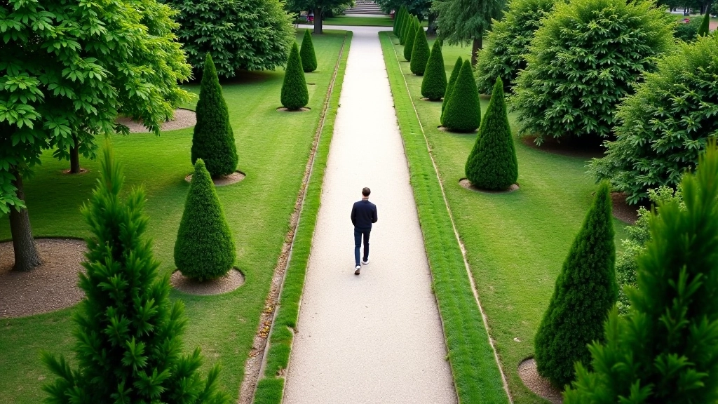 Overhead view of botanical garden visitor walking on curved stone pathway surrounded by organized plant beds and specimen trees