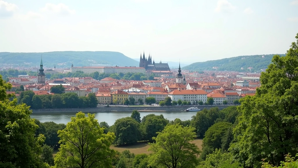 Panoramic view of Prague from Letná Park with observation platform overlooking historic city center and Vltava River