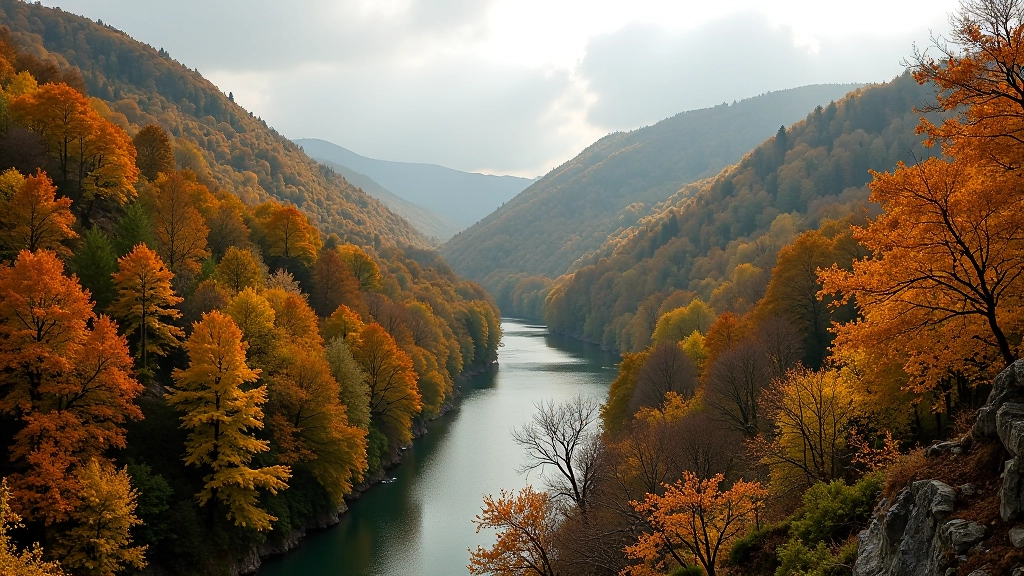 Scenic autumn view of Podyjí gorge with golden foliage covering hillsides and river winding through forested valley below
