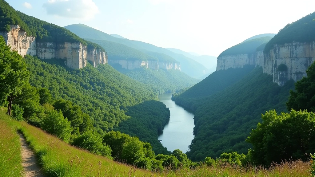 Panoramic view from elevated hiking trail overlooking green river valley with forested slopes and limestone cliffs in morning light