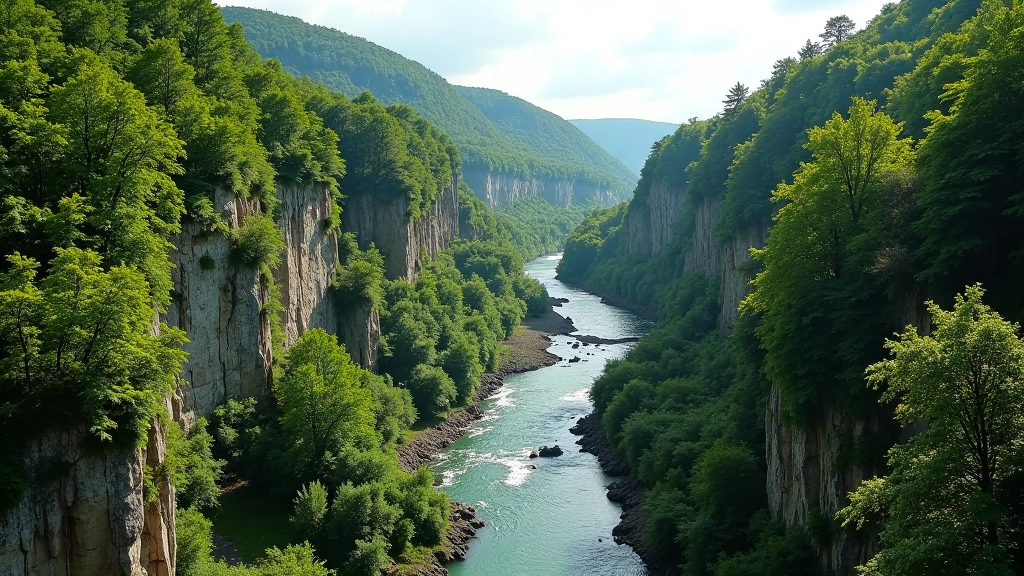 Scenic river canyon vista with hiking trail overlooking the Dyje River gorge in Podyjí National Park, Moravia
