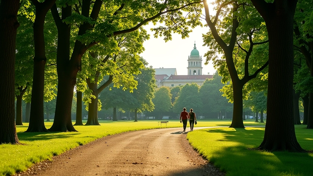 Tree-lined walking path in Letná Park with Prague cityscape visible through trees in distance